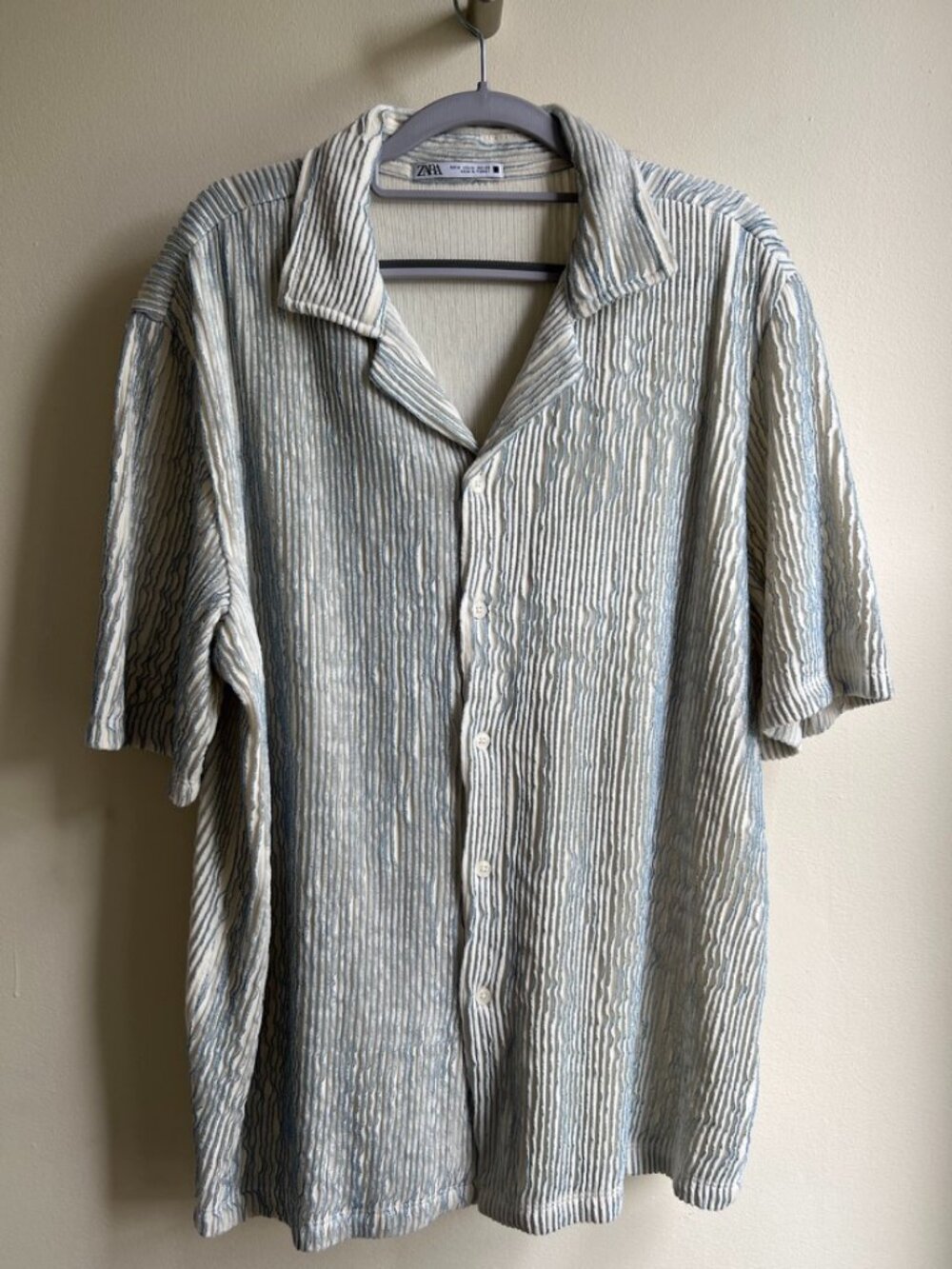 Zara Men's Ruffled Contrast Stitch Short Sleeve Button Down Shirt Size Medium